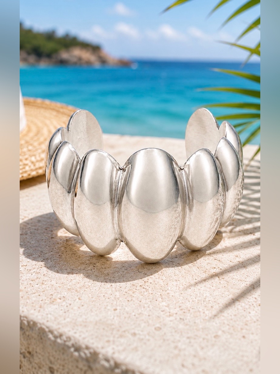 Vintage Mexico Heavy Sterling Silver Wide Scalloped Womens Cuff Bracelet 6 3/8"